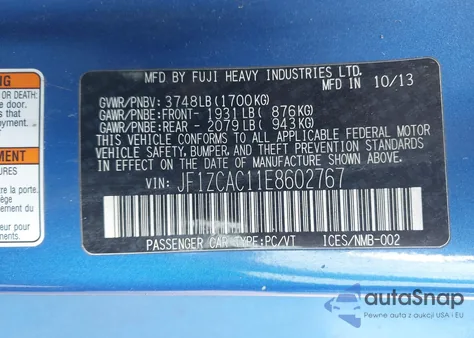 2014 Subaru Brz Limited z USA, uszkodzony, nr VIN JF1ZCAC11E8602767